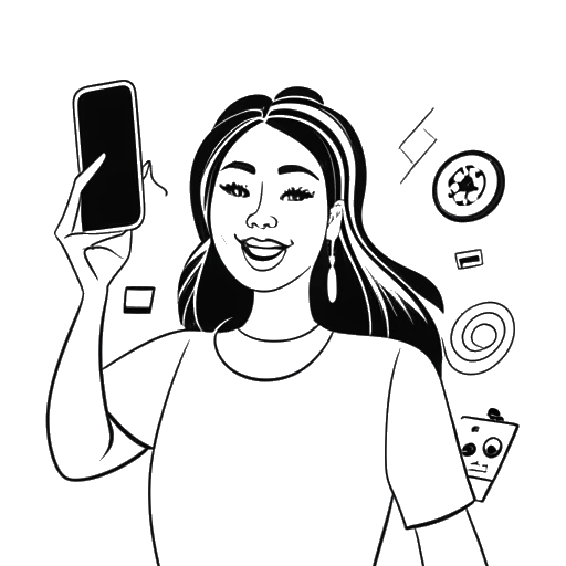 Desenho de uma linha de uma mulher, representando Ava Louise, confiantemente tirando uma selfie, rodeada pelos logos do TikTok e do Instagram, com símbolos de riqueza destacando seu sucesso financeiro.