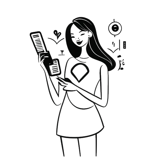 Line art of a woman representing Ava Louise, grasping cash and a smartphone, signifying her income from music, social media, and modeling, with music notes and the Playboy logo, indicating her diverse revenue streams.