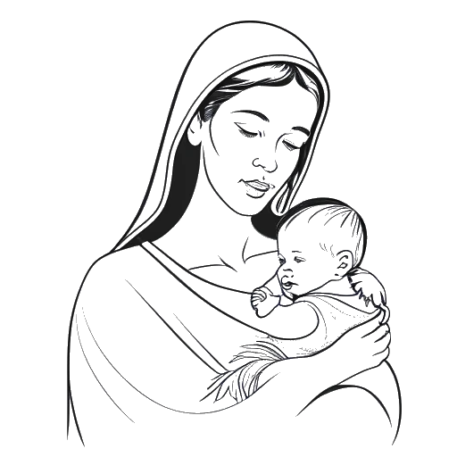 Dessin au trait d'une femme tenant un bébé représentant Ava Louise, avec une croix en arrière-plan