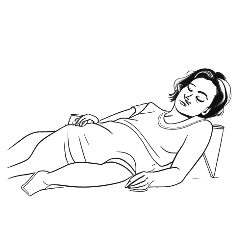 Desenho de linha artística de uma mulher deitada com bandagem no quadril representando Ava Louise, segurando uma bebida na mão