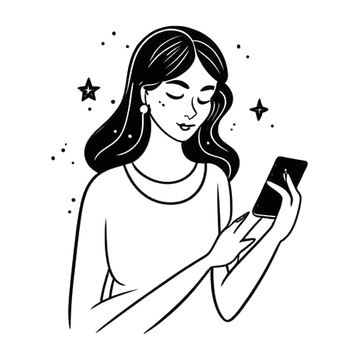 Desenho de linha artística de uma mulher segurando um telefone com uma mensagem na tela representando Ava Louise, cercada por estrelas