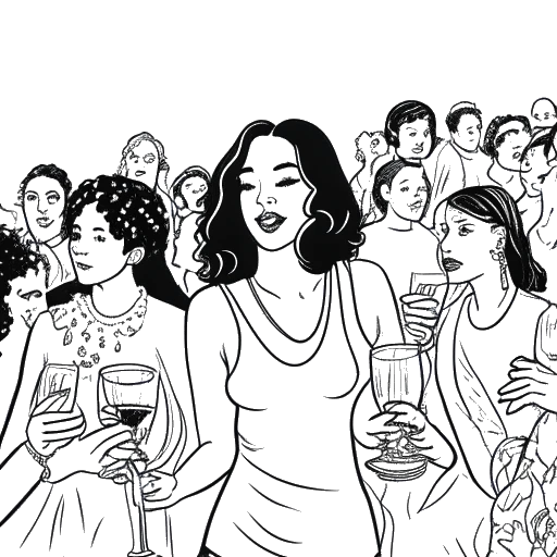 Line art drawing of a woman holding a drink at a party representing Ava Louise, surrounded by people and drugs