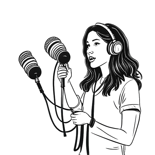 Line art drawing of a woman holding a microphone representing Ava Louise, surrounded by cameras and lights