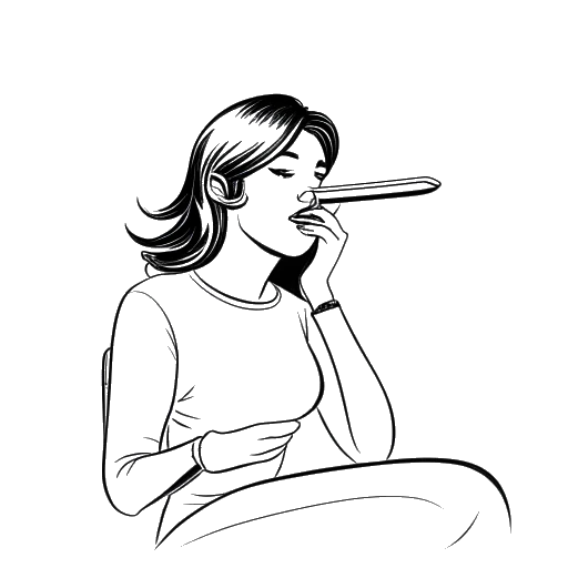 Desenho de linha artística de uma mulher lambendo um assento de vaso sanitário em um avião representando Ava Louise, segurando uma máscara na mão