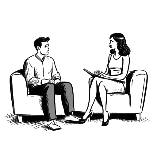 Dibujo en línea de una mujer sentada en un sofá que representa a Ava Louise, hablando con Dr. Phil en un escenario