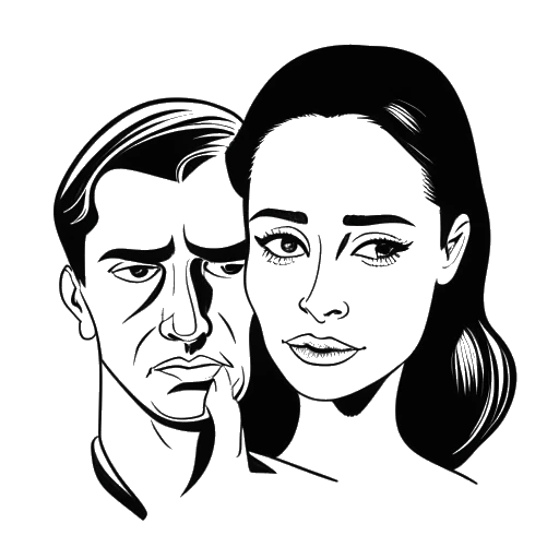 Line art drawing of a woman holding a picture of a man representing Ethan is Supreme, with a tear in her eye