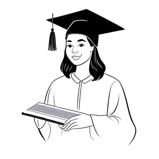 Strichzeichnung einer Frau in Abendrobe, die Ava Louise darstellt, die ein Diplom hält, mit einem Buch und einem Laptop im Hintergrund
