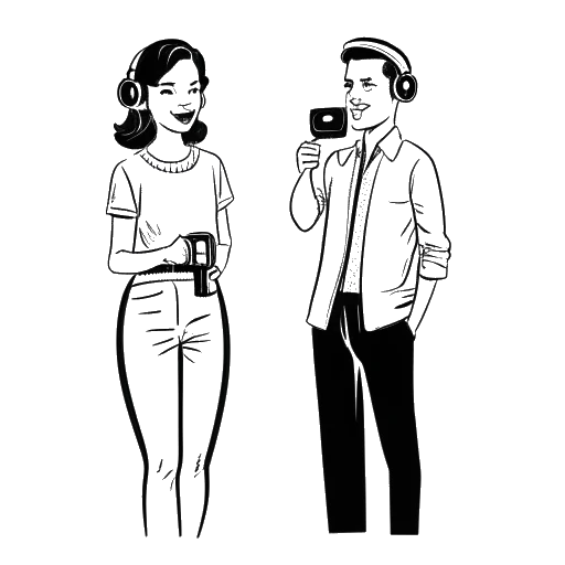 Line art drawing of a woman standing next to a man representing Monty Lopez, holding a camera and a microphone