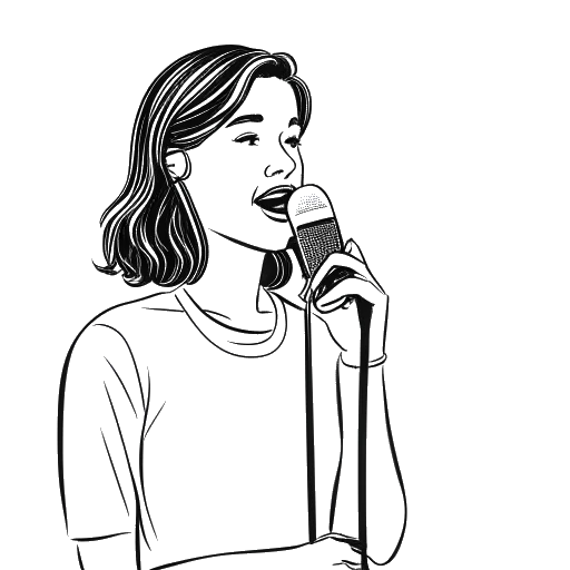 Dibujo en línea de una mujer sosteniendo un micrófono que representa a Ava Louise, con un teléfono reproduciendo un video en el fondo