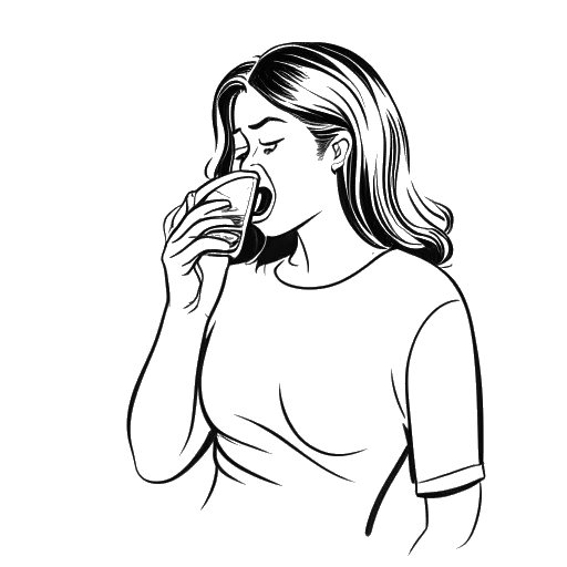 Line art drawing of a woman licking a toilet seat representing Ava Louise, holding a phone in her hand