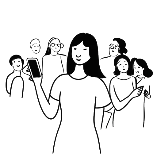 Dibujo en línea de una mujer sosteniendo un teléfono con una marca de verificación en la pantalla que representa a Ava Louise, rodeada de personas