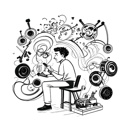 Strichzeichnung eines Mannes, der Freshtorge symbolisiert, vertieft in Filmemachen und Musikzusammenarbeiten, umgeben von Filmrollen und Musiknoten vor einem weißen Hintergrund