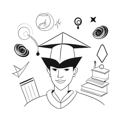 Strichzeichnung eines Mannes, der Freshtorge darstellt, mit symbolischen Elementen wie einem Wiedergabeknopf kombiniert mit einer Abschlusskappe, was den Erfolg auf YouTube und in der Bildung symbolisiert, vor einem weißen Hintergrund