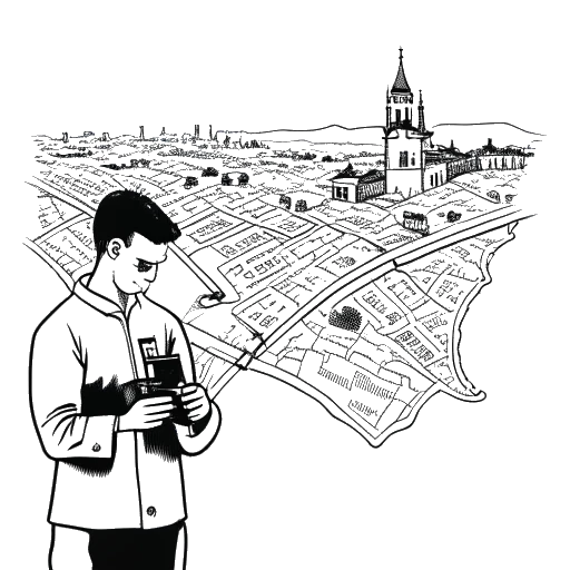 Strichzeichnung eines Mannes, der Freshtorge darstellt, der vor einer Karte von Prag Autoschlüssel hält