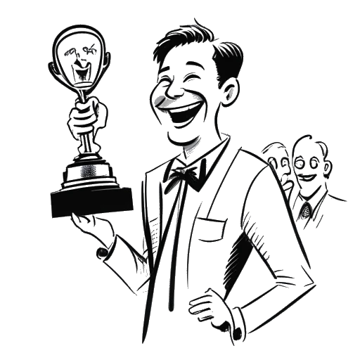 Strichzeichnung eines Mannes, der Freshtorge darstellt, der vor einem lachenden Publikum einen 'Goldene Kamera Digital Award'-Pokal hält