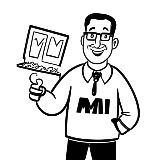 Strichzeichnung eines Mannes, der Freshtorge darstellt, der vor einem Kartoffelsalat und einem Kino ein '2M'-Schild hält