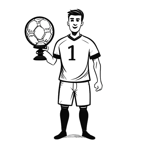 Strichzeichnung eines Mannes, der Freshtorge darstellt, der vor einem Fußball eine '7-1'-Anzeige und einen Pokal hält