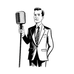 Strichbild eines Mannes im Anzug mit einem Mikrofon, das Kai Pflaumes ersten Schritte in die Unterhaltungswelt repräsentiert.