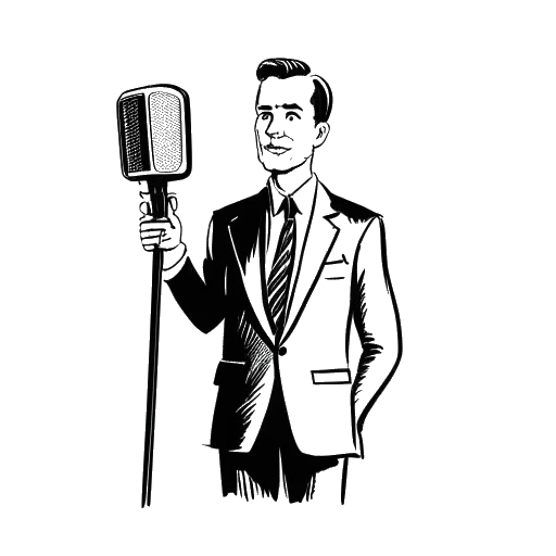 Strichbild eines Mannes im Anzug mit einem Mikrofon, das Kai Pflaumes ersten Schritte in die Unterhaltungswelt repräsentiert.