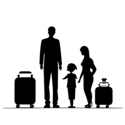 Strichbild einer Familiensilhouette mit Gewichten und einem Reisekoffer, das das ausgewogene Leben von Kai Pflaume repräsentiert.