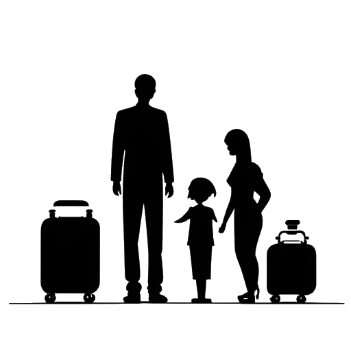 Strichbild einer Familiensilhouette mit Gewichten und einem Reisekoffer, das das ausgewogene Leben von Kai Pflaume repräsentiert.