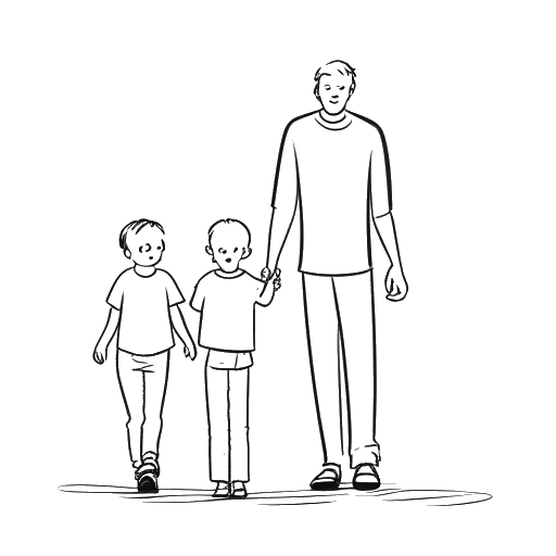 Strichzeichnung eines Mannes, der mit seiner Frau und zwei Söhnen Händchen hält, repräsentiert Kai Pflaumes Hingabe zu seiner Familie seit 1996.