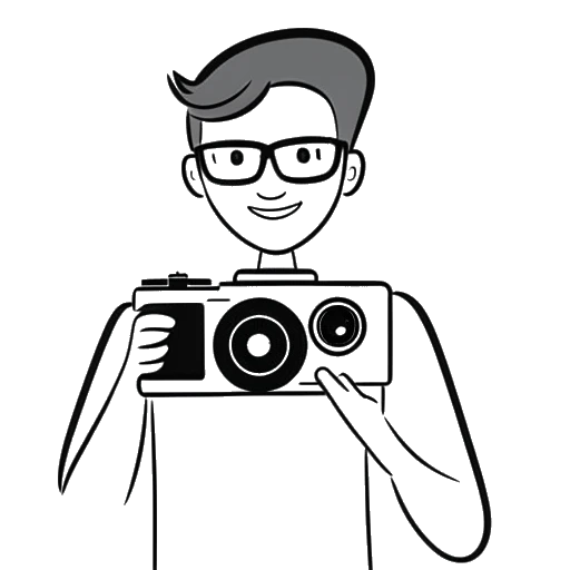 Strichzeichnung eines Mannes, der eine Kamera hält, mit einem Wiedergabe-Button und dem YouTube-Logo im Hintergrund, repräsentiert Kai Pflaumes Start seines YouTube-Kanals 'Ehrenpflaume' im Jahr 2020.