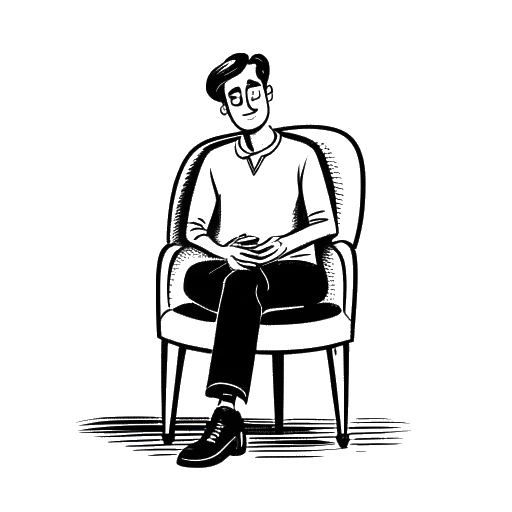 Strichzeichnung eines Mannes, der auf einem herzförmigen Stuhl sitzt und nervös aussieht, repräsentiert Kai Pflaumes Start in der Datingshow 'Herzblatt'.