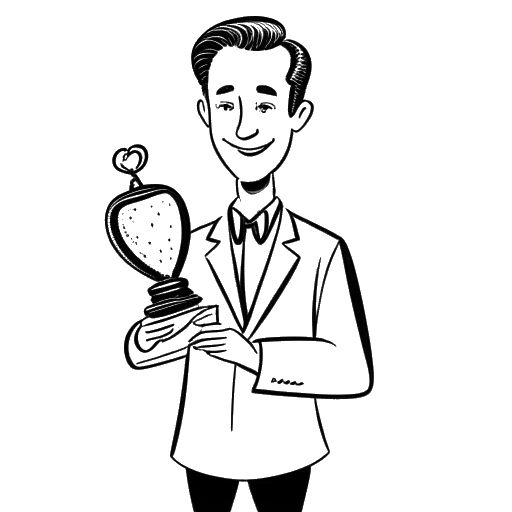 Strichzeichnung eines Mannes, der eine Auszeichnung als attraktivster Moderator des Jahres erhält, mit einem herzförmigen Pokal.