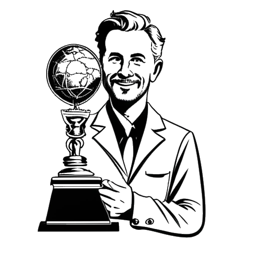 Strichzeichnung eines Mannes, der einen Bobby Award hält, mit einem Globus im Hintergrund, repräsentiert Kai Pflaumes Dokumentarreihe 'Zeig mir deine Welt', die 2014 den Bobby Award gewann.