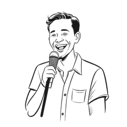 Line art drawing of a man, representing Florian Kiesow (Varion), holding a microphone and smiling, signifying his role as a comedy influencer on YouTube.