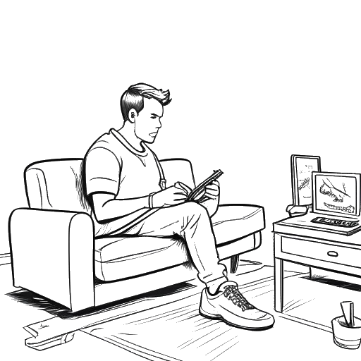 Line art drawing of a man, representing Varion, enjoying video games in his living room, highlighting his ongoing passion for gaming and his grounded personality.