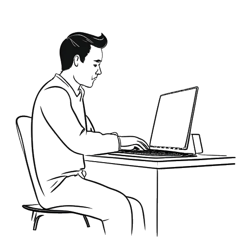 Line art drawing of a man, representing Varion, concentrating on his computer, illustrating his journey on YouTube from gaming to comedy.