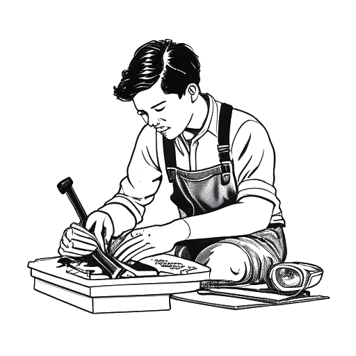 Strichzeichnung eines Mannes, der Varion darstellt, der als Metallbauer in seiner Heimatstadt arbeitet.