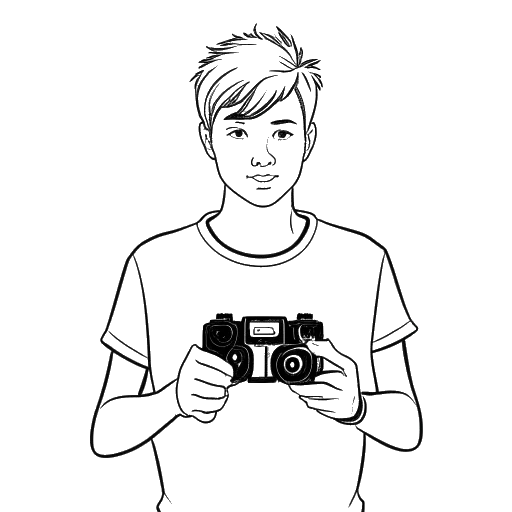 Strichzeichnung eines Mannes, der Varion darstellt und eine Videokamera und einen Gamecontroller hält und somit seine YouTube-Reise symbolisiert.