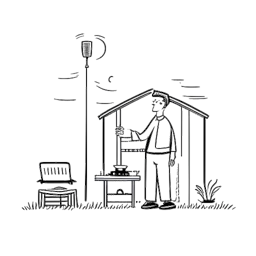 Représentation en traits d'un homme de famille à la maison, représentant Nick Kosir, avec des indices de sa profession météorologique comme une station météo miniature.