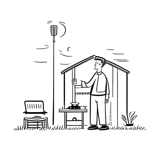 Lijnkunstafbeelding van een familieman thuis, die Nick Kosir voorstelt, met hints van zijn meteorologische beroep, zoals een miniatuur weerstation.