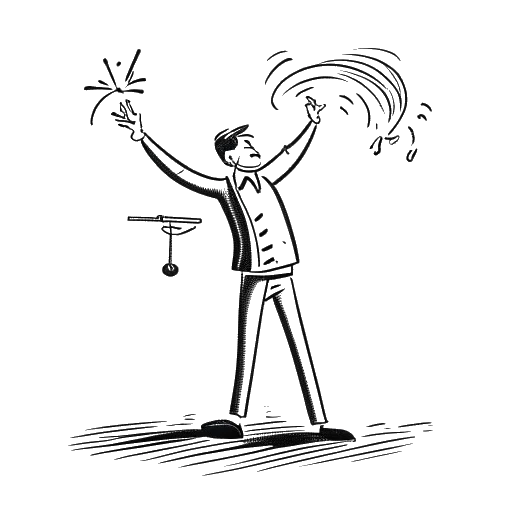Line art of a man, representing Nick Kosir, doing a weather broadcast while dancing, merging his work in meteorology with entertainment.