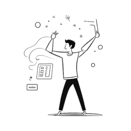 Desenho em arte linear de um homem representando Nick Kosir dançando ao lado de um gráfico do tempo com um celular na mão, apresentando ícones de aplicativos de mídias sociais.
