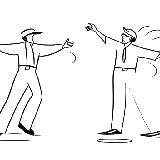 Dibujo de un hombre en arte lineal, representando a Nick Kosir, participando en una transmisión del clima en un lado y mostrando sus habilidades para bailar en el otro lado, dividido por una línea de zigzag, sobre un fondo blanco.