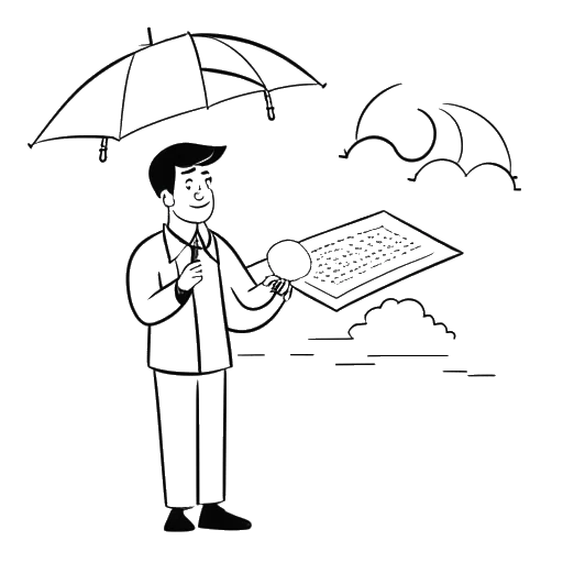 Dibujo de línea que representa a un meteorólogo jefe sosteniendo un mapa del clima y una cifra de salario anual promedio.
