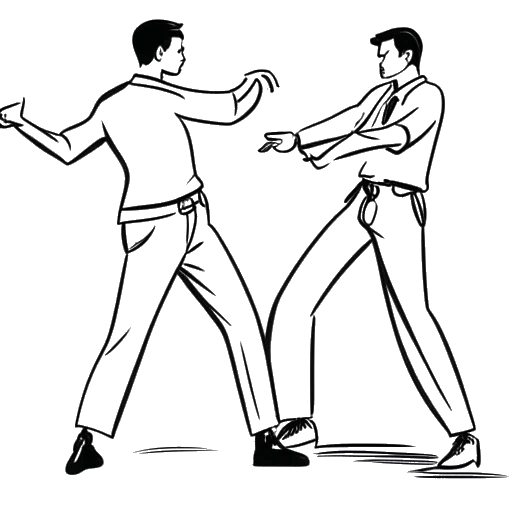 Desenho artístico de um homem, representando Nick Kosir, sendo ensinado a dançar por seu colega, Brian.