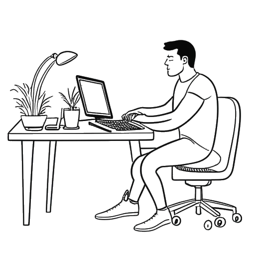 Desenho artístico de um homem, representando Nick Kosir, envolvido em suas atividades diárias, incluindo treinos matinais, mergulho, dieta rigorosa e trabalho em uma mesa.