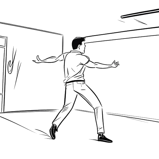 Dibujo de línea de un hombre, que representa a Nick Kosir, memorizando y practicando pasos de baile en su garaje.