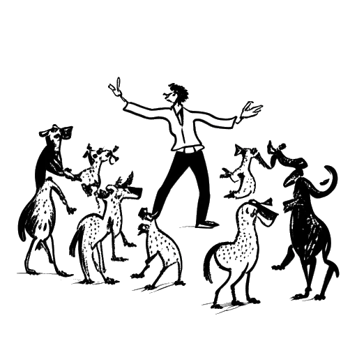 Line art drawing of a man, representing Nick Kosir, dancing in front of his indifferent dogs.