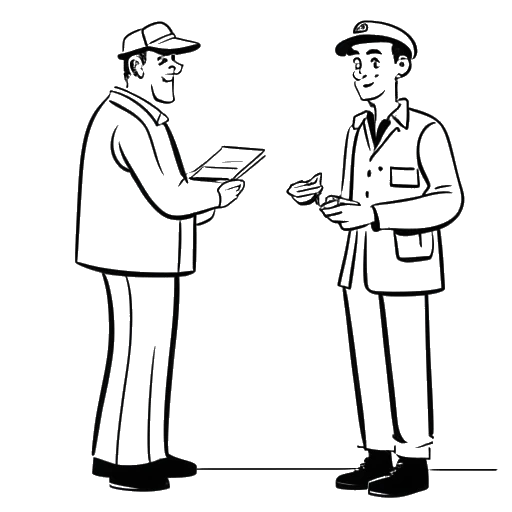 Line art drawing of a man, representing Nick Kosir, interacting with a delivery person who took a picture with him.