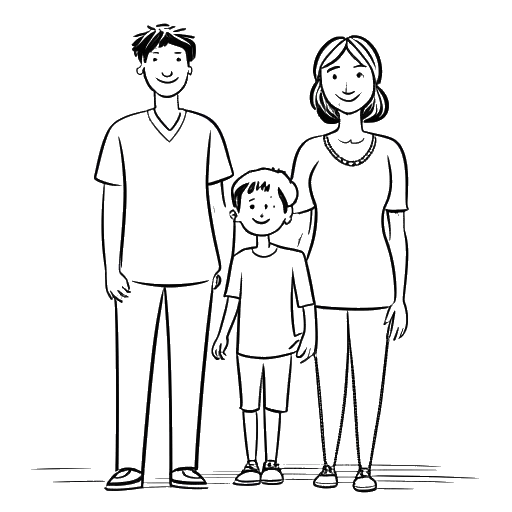 Line art drawing of a man, his wife, and their son representing Nick Kosir's family.