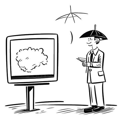 Line art drawing of a man, representing Nick Kosir, presenting the weather on the FOX Weather channel.