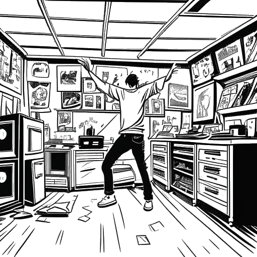 Line art drawing of a man, representing Nick Kosir, dancing in a garage filled with music video posters.