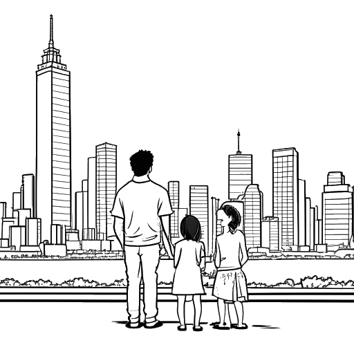 Lijntekening van een man, zijn vrouw, hun zoon en hun hond die het gezin van Nick Kosir voorstellen, staand voor de skyline van New York City.